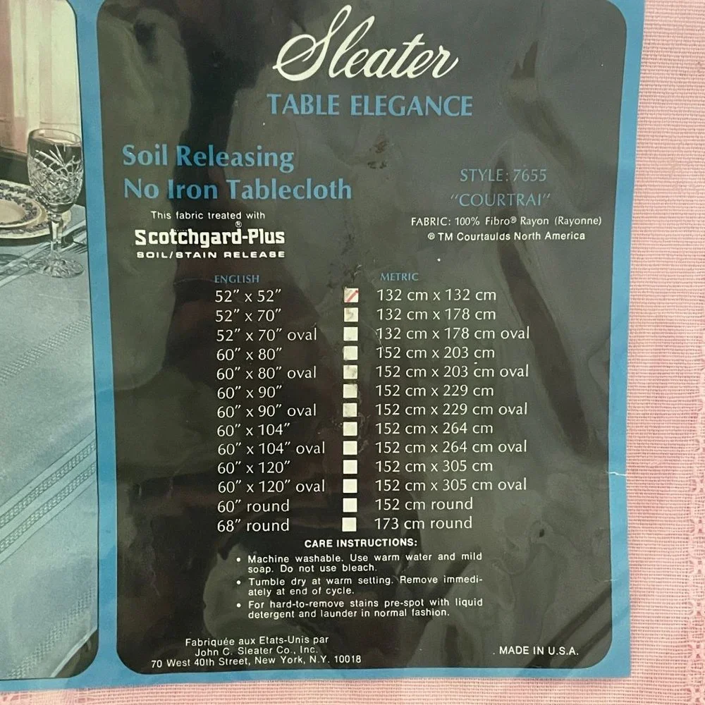 Vintage Sleater Tablecloth Pink Square 52x52 No-Iron Made USA Courtrai Style New